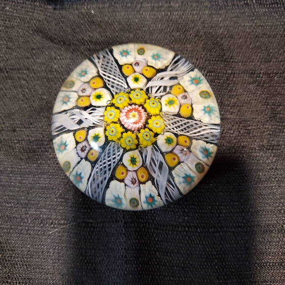 VintageStrathearn Millefiori Glass Paperweight - Yellow Floral Star